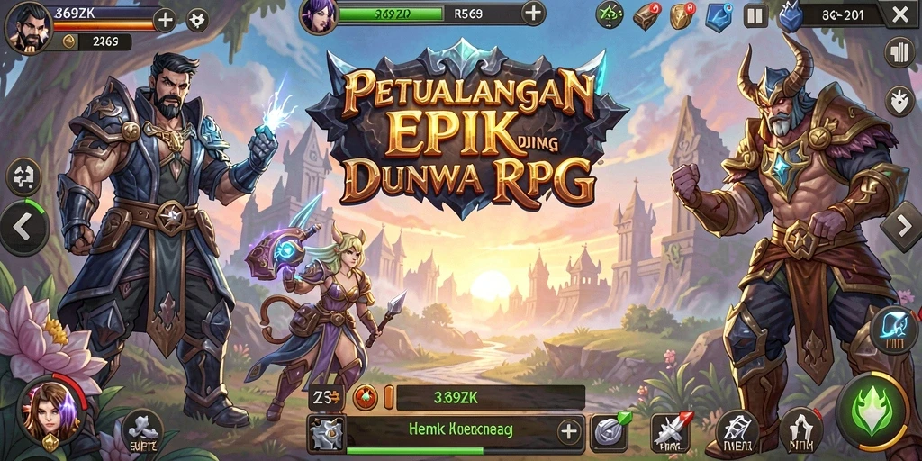 Tangkapan layar utama 369ZK menampilkan pertempuran epik dalam dunia RPG.