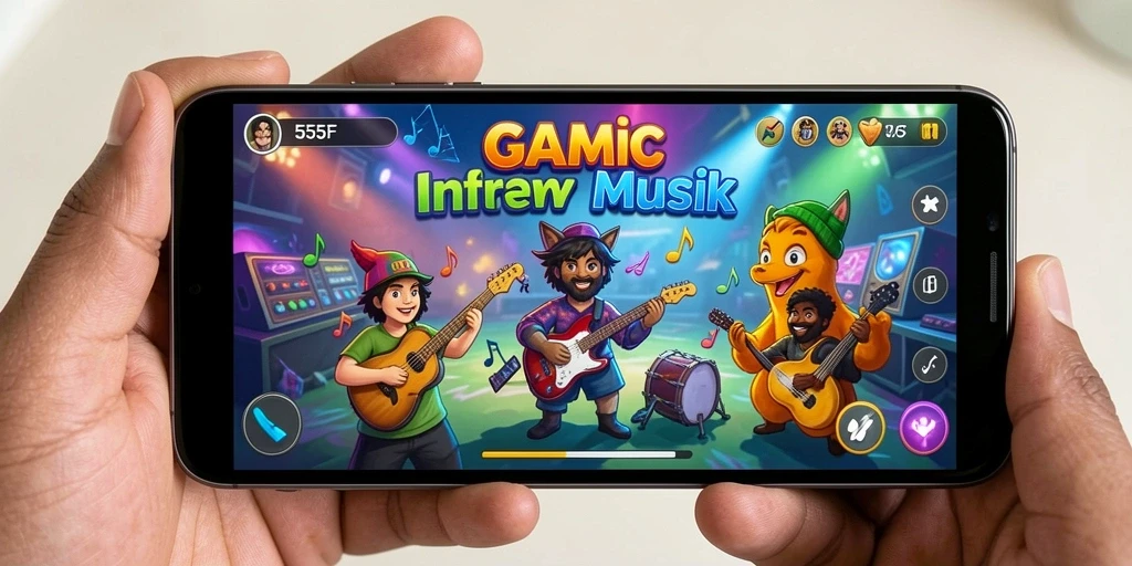 Screenshot utama dari gameplay 555F yang penuh interaksi musik.