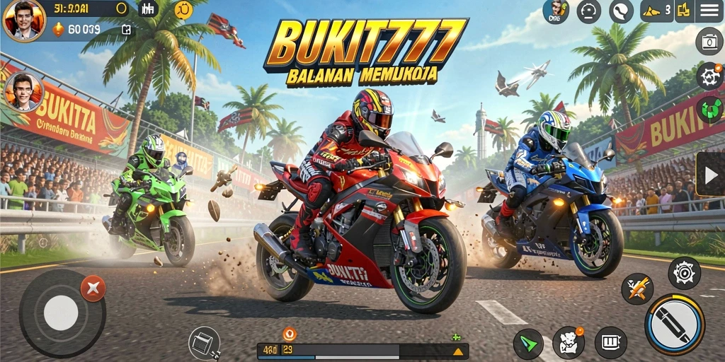 Tampilan gameplay BUKIT777 yang mendebarkan dengan aksi balapan motor.