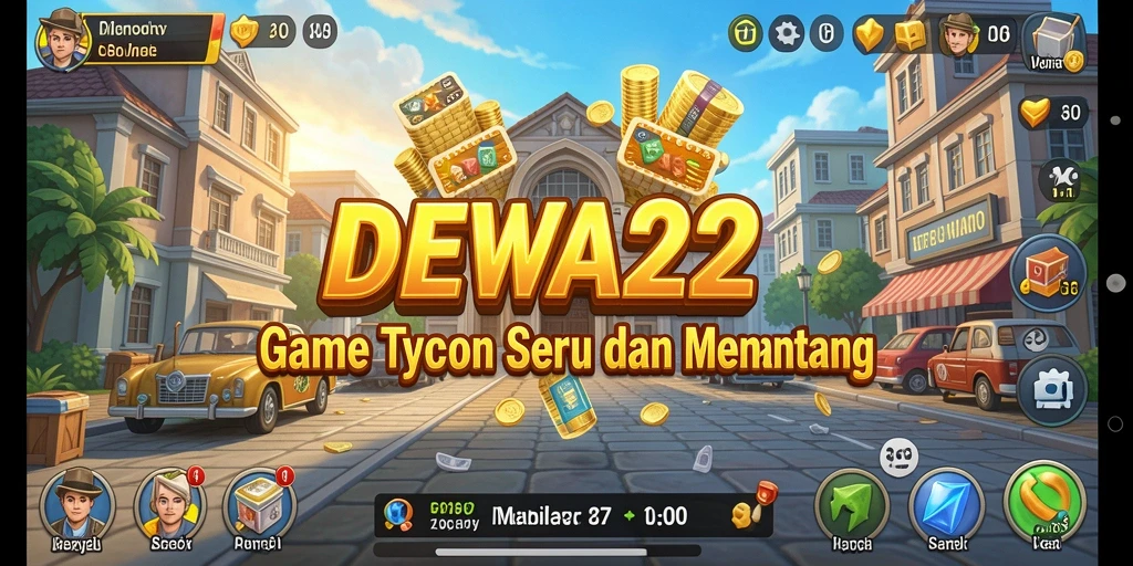 Tampilan gameplay seru DEWA22 dengan berbagai elemen bisnis Tycoon.