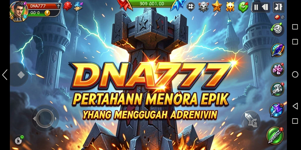 Gameplay menegangkan dalam DNA777, menara siap melawan gelombang musuh.