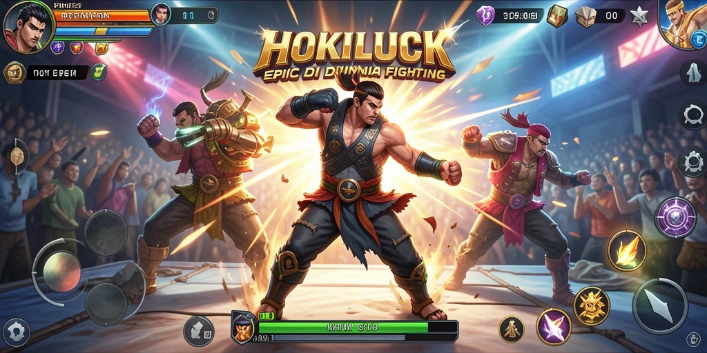 Tangkapan layar gameplay HOKILUCK menampilkan aksi pertarungan yang epik.