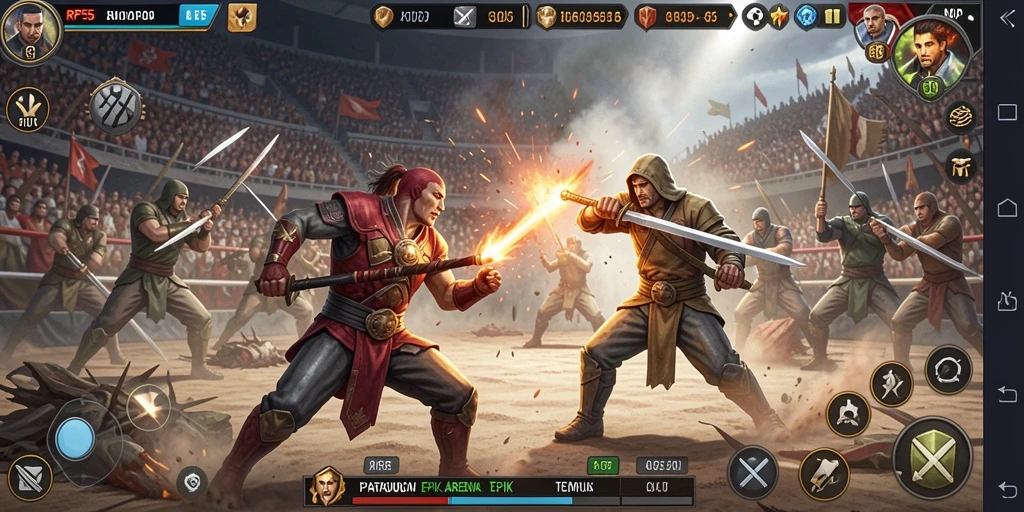Screenshot gameplay RP55 menampilkan duel pertarungan yang seru.