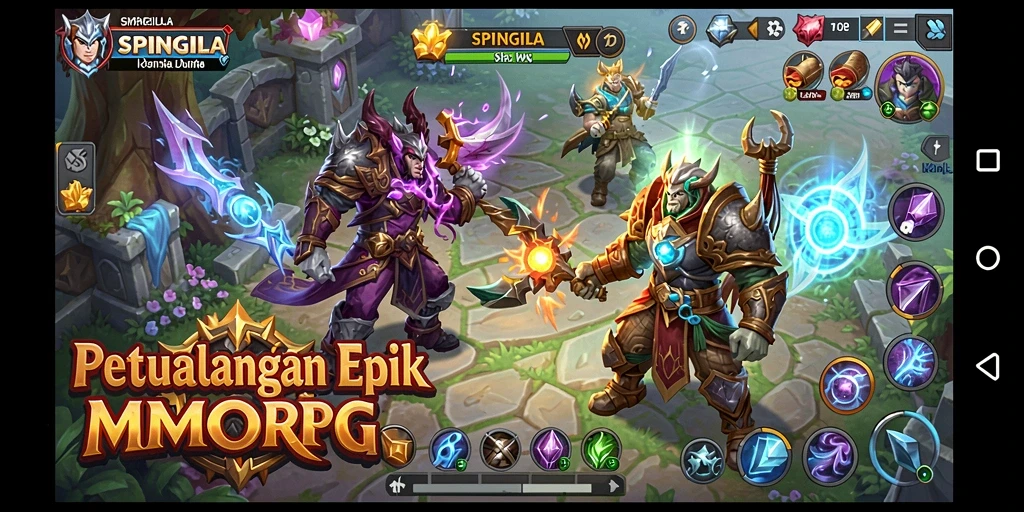 Screenshot gameplay SPINGILA menampilkan pertempuran seru di dunia fantasi.