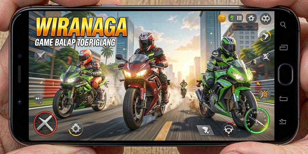 Screenshot utama WIRANAGA menampilkan kegembiraan balapan motor di trek yang menantang.